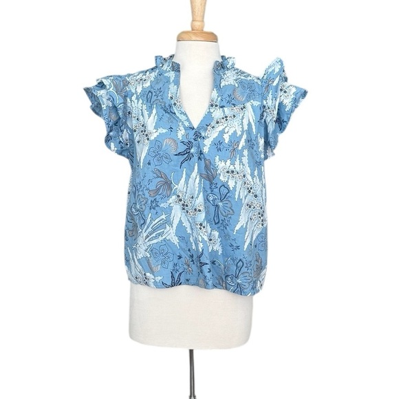 Jennifer & Grace Ruffled Floral Tie Front Blue and White Blouse Size Large - Picture 8 of 8